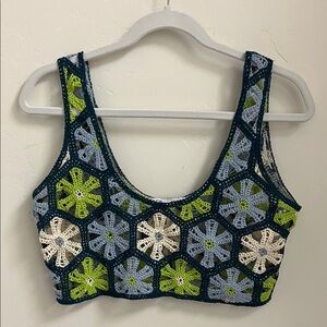 Zara Hippie Flower Festival Beach Crochet Granny Square Crop Top Size Small